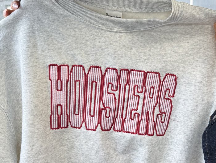 Hoosiers — Seersucker appliqué on grey crewneck